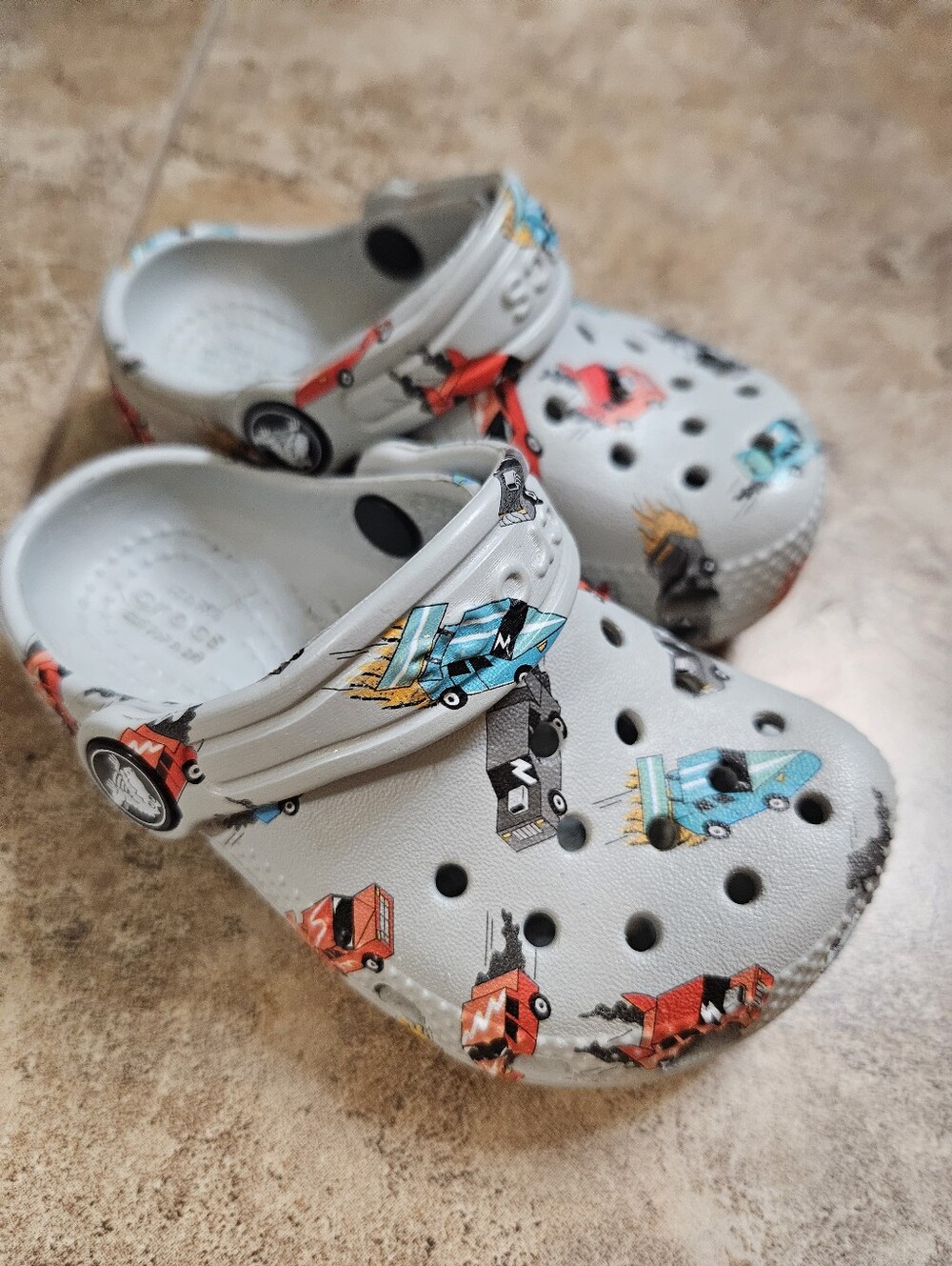 Toddler Grey Crocs with Colorful Race Car Print Size 6